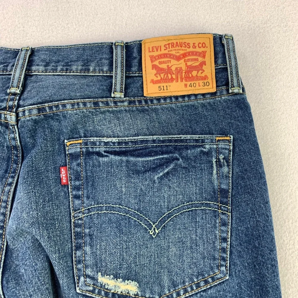 Levis 511 Slim Jeans Mens W40 L30 Blue Distressed Denim Straight Leg